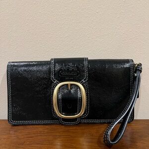 Coach Black Patent Leather Wristlet Clutch with Gold Buckle